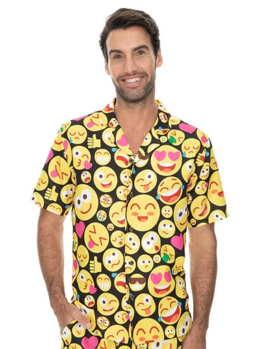 Pacifica Men's Black Emoji Print Short Sleeve Party Shirt