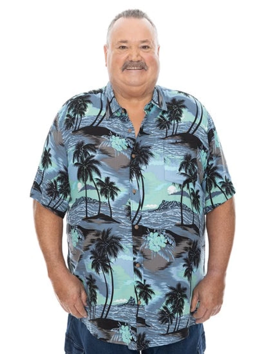 BUILT N FIT Men's Big & Tall Hawaiian Shirt - Short Sleeve Blue Island Print Beach Shirt