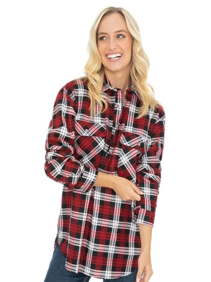 Lowes Men's Red Flannel Shirt with 1/4 Placket - Soft Plaid Long Sleeve Button-Up