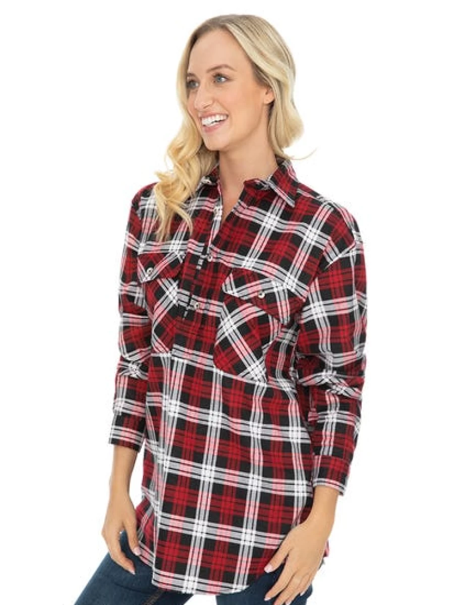 Lowes Men's Red Flannel Shirt with 1/4 Placket - Soft Plaid Long Sleeve Button-Up