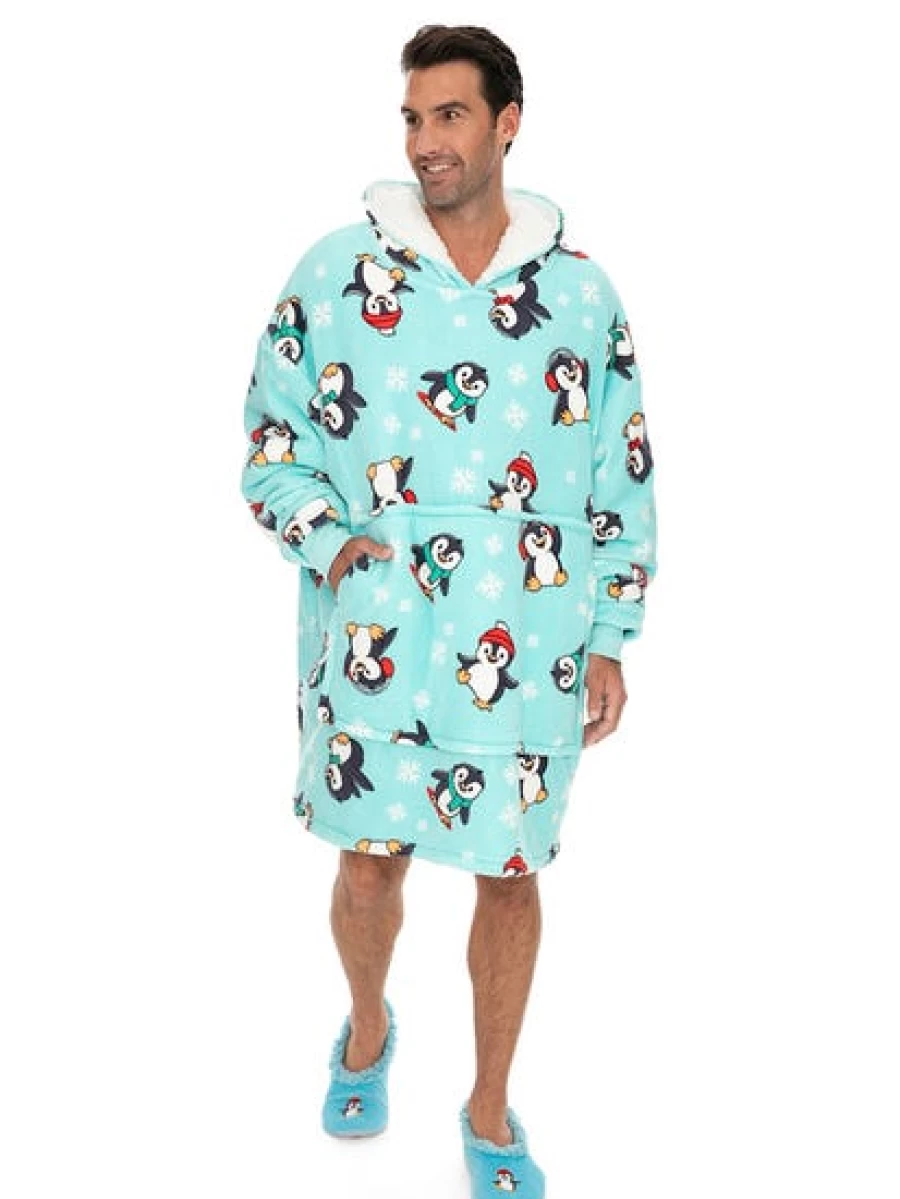 Lowes Men's Penguin Blue Hooded Blanket - Soft Fleece Wearable Blanket for Comfort & Warmth