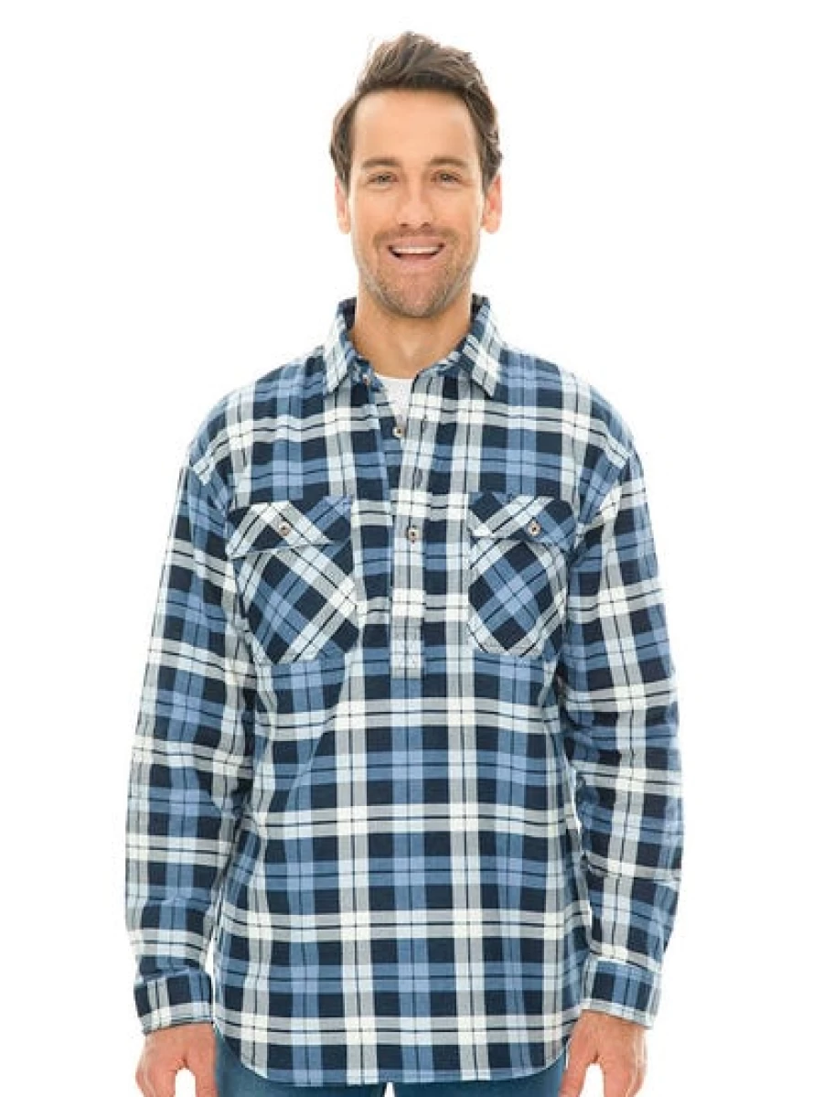 Lowes Men's Denim Blue Flannel Shirt with 1/4 Placket