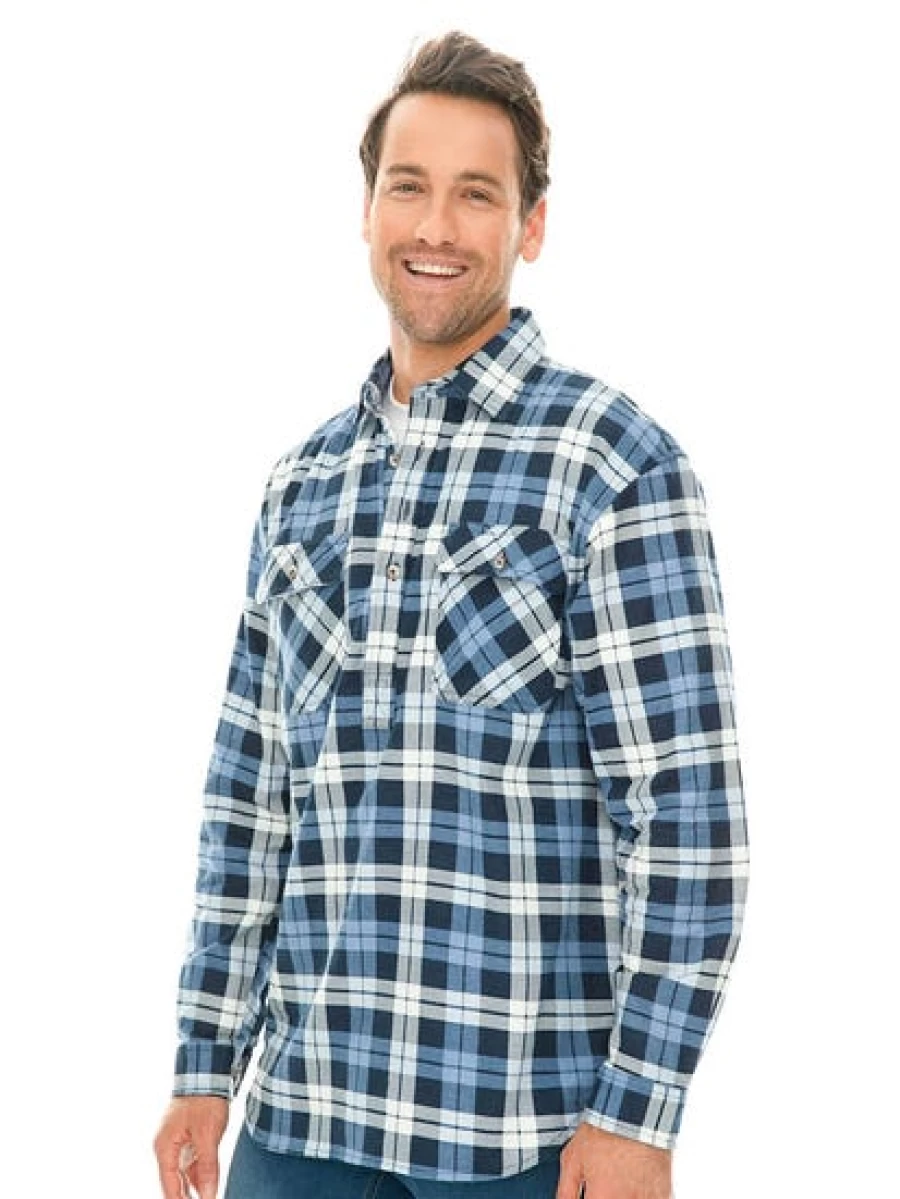 Lowes Men's Denim Blue Flannel Shirt with 1/4 Placket