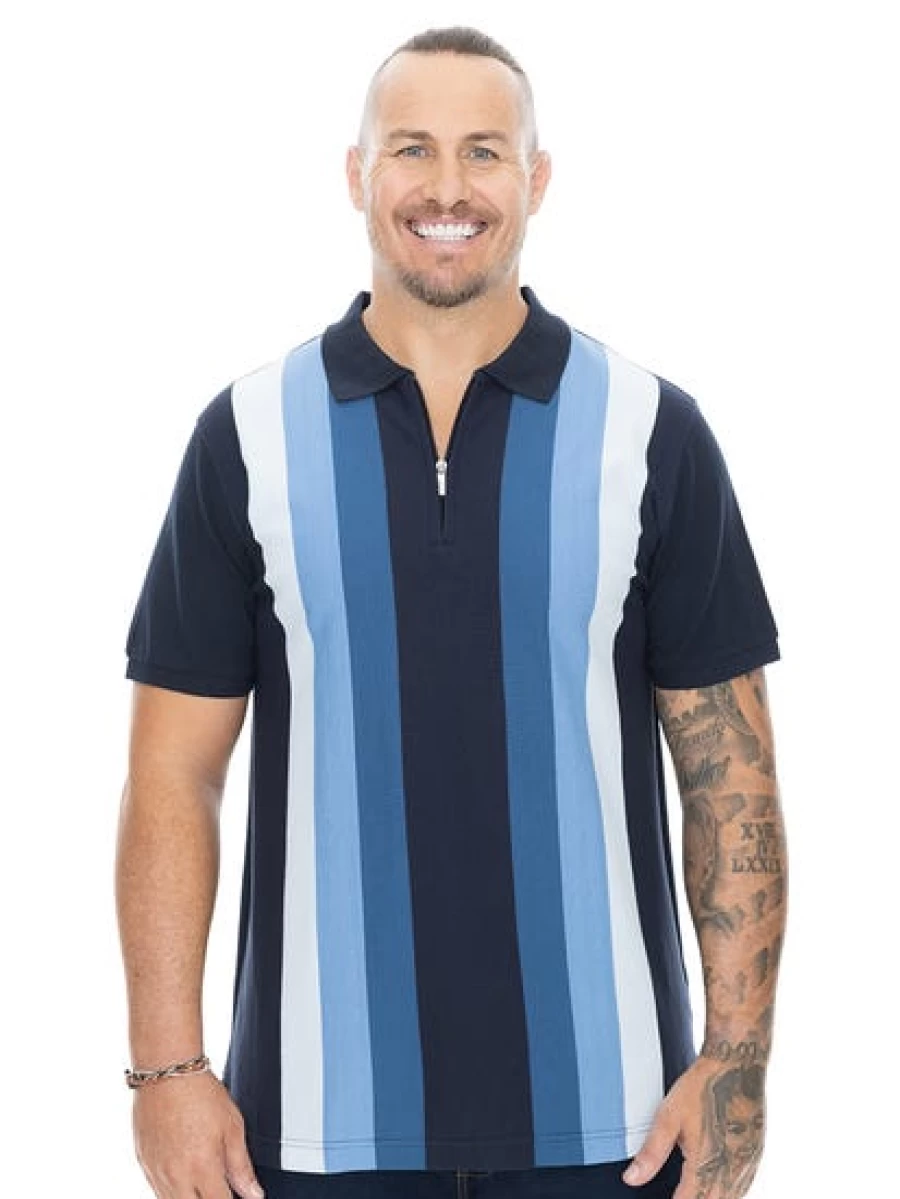 Built N Fit Men's Navy Blue Vertical Stripe Polo Shirt - Big & Tall Sizes