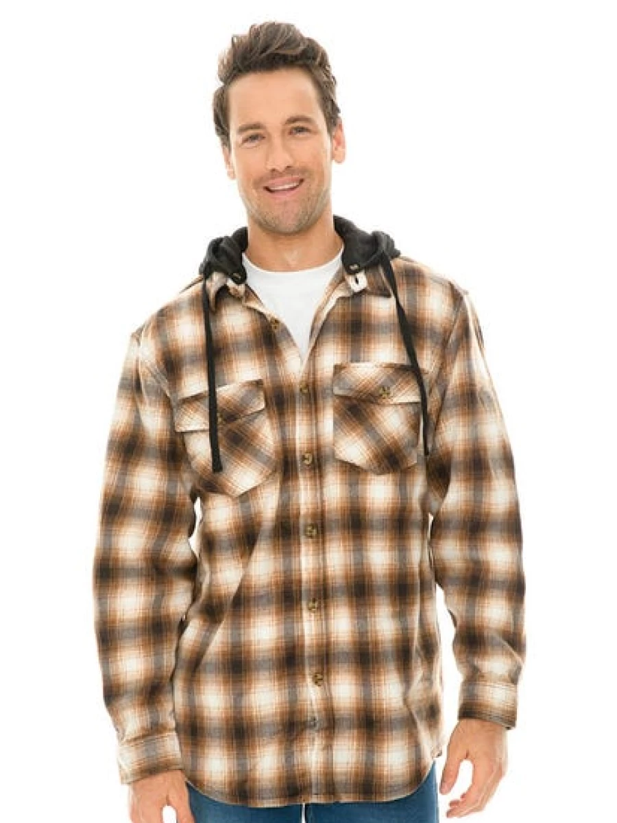 Lowes Men's Brown Checkered Polar Fleece Hooded Shirt - Warm Plaid Lined Jacket