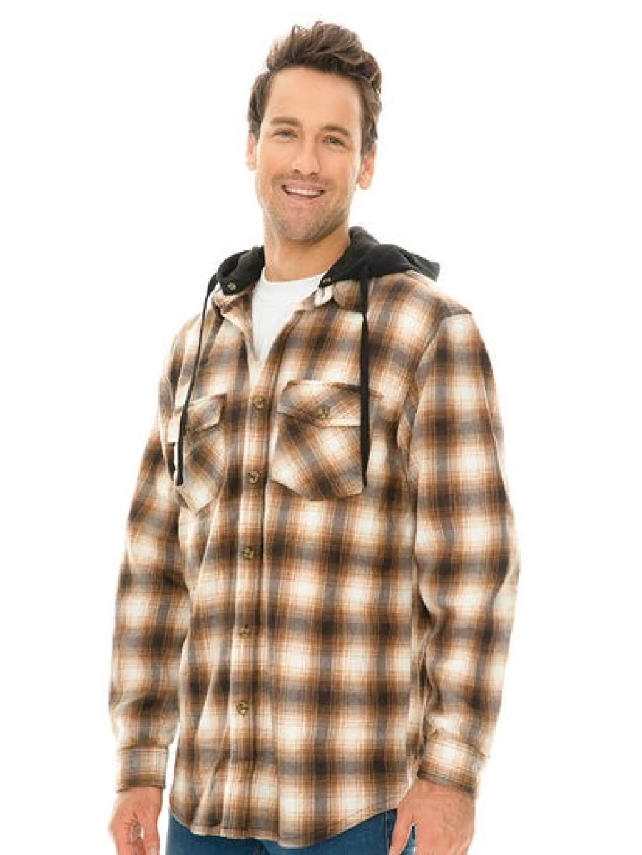 Lowes Men's Brown Checkered Polar Fleece Hooded Shirt - Warm Plaid Lined Jacket