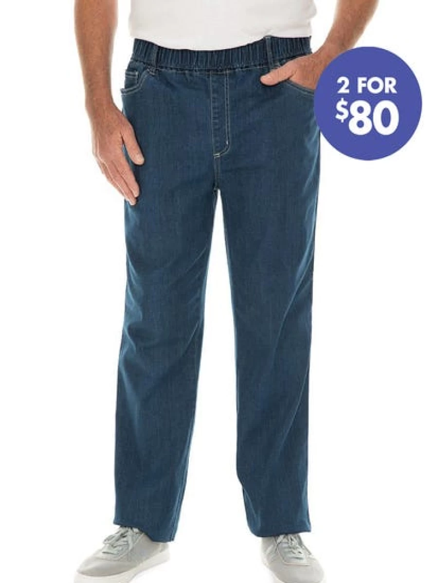 Street Men's Light Blue Elastic Waist Jeans Pants - Comfort Fit Stretch Denim