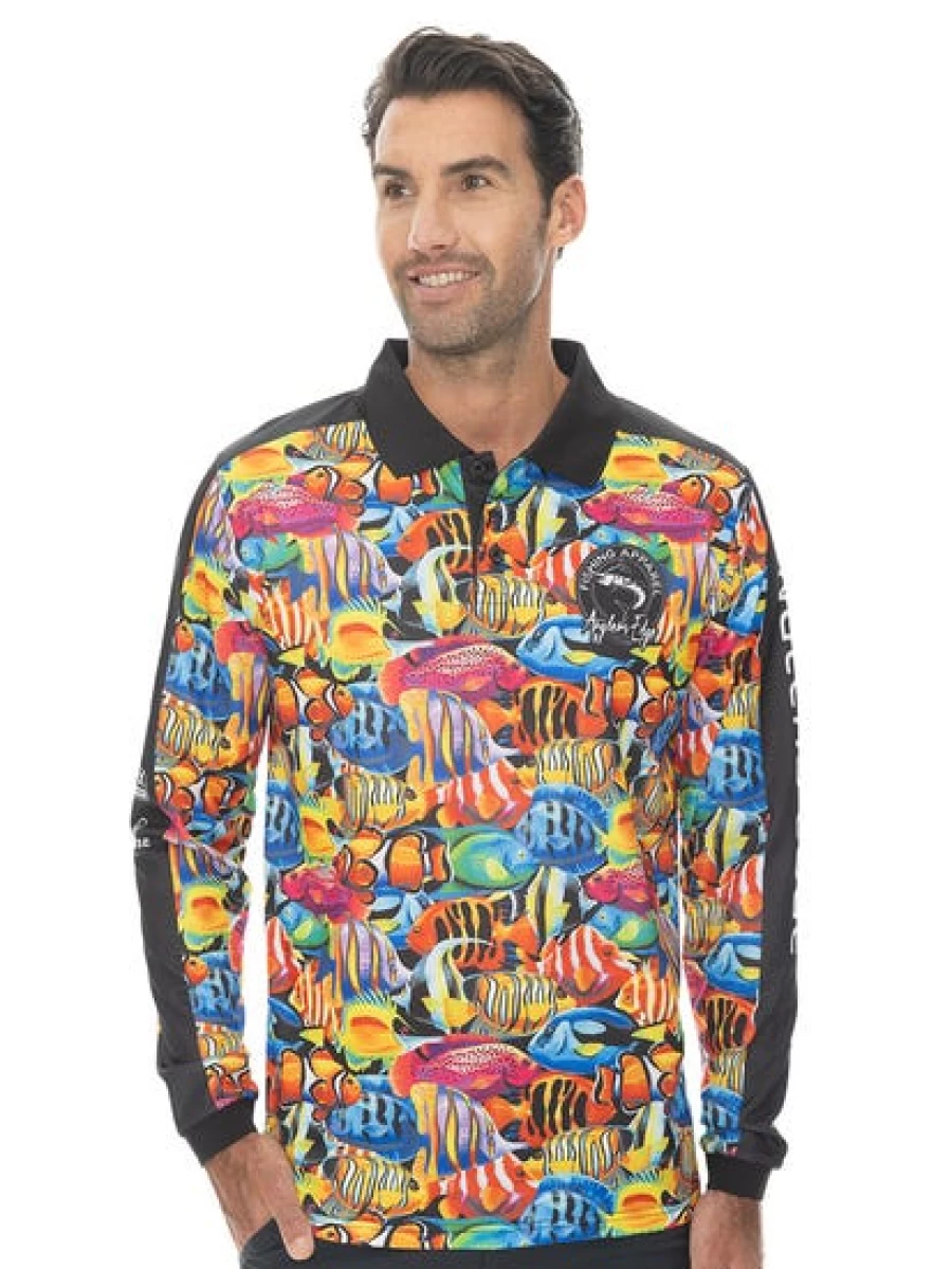 "Anglers Edge Men's Fishing Polo Shirt - Long Sleeve Tropical Fish Design"