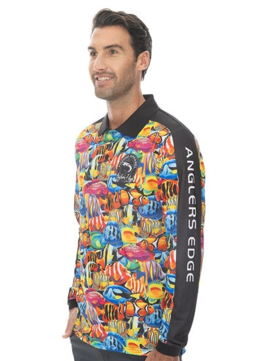 "Anglers Edge Men's Fishing Polo Shirt - Long Sleeve Tropical Fish Design"