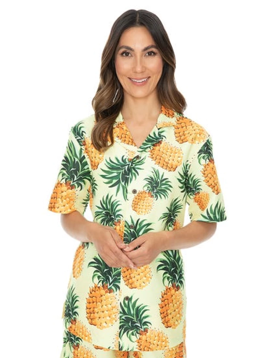 Pacifica Men's Short Sleeve Party Shirt with Yellow Pineapple Print