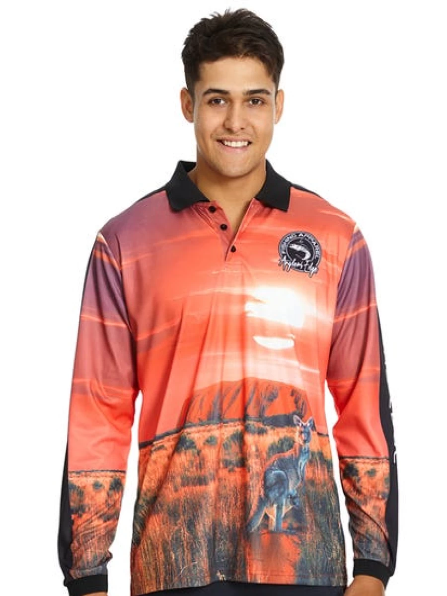 Men's Anglers Edge Orange Uluru Long Sleeve Fishing Shirt - UPF Sun Protection, Quick Dry Performance Polo