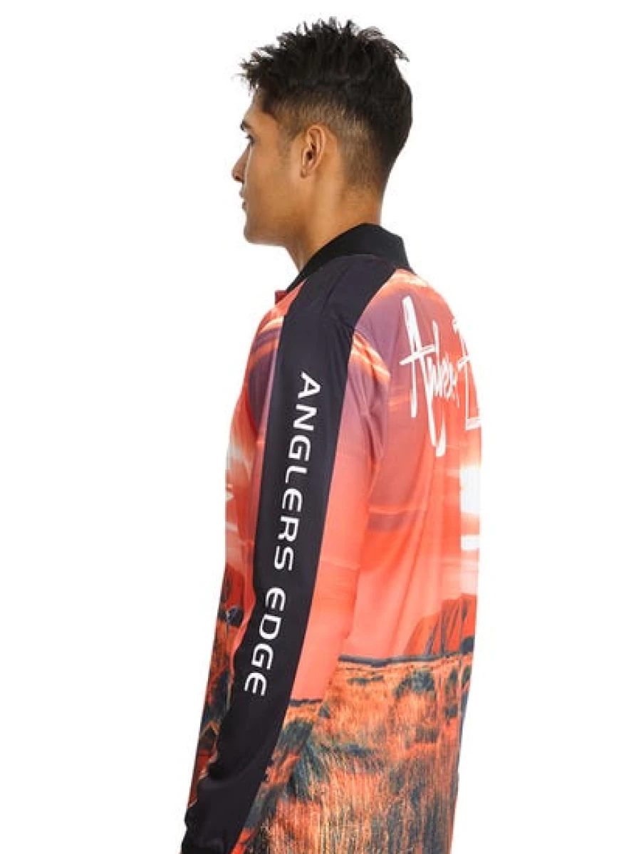 Men's Anglers Edge Orange Uluru Long Sleeve Fishing Shirt - UPF Sun Protection, Quick Dry Performance Polo