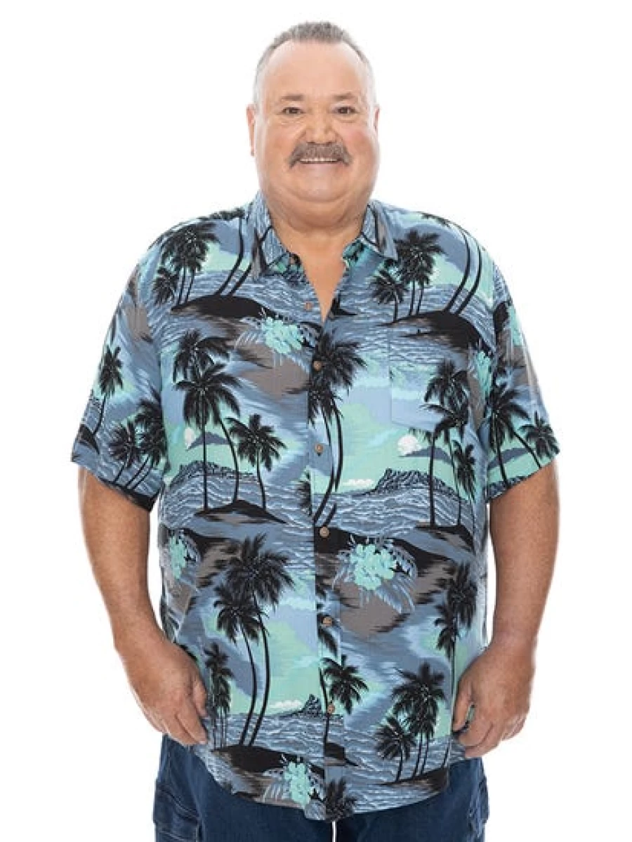 BUILT N FIT Men's Big & Tall Hawaiian Shirt - Short Sleeve Blue Island Print Beach Shirt
