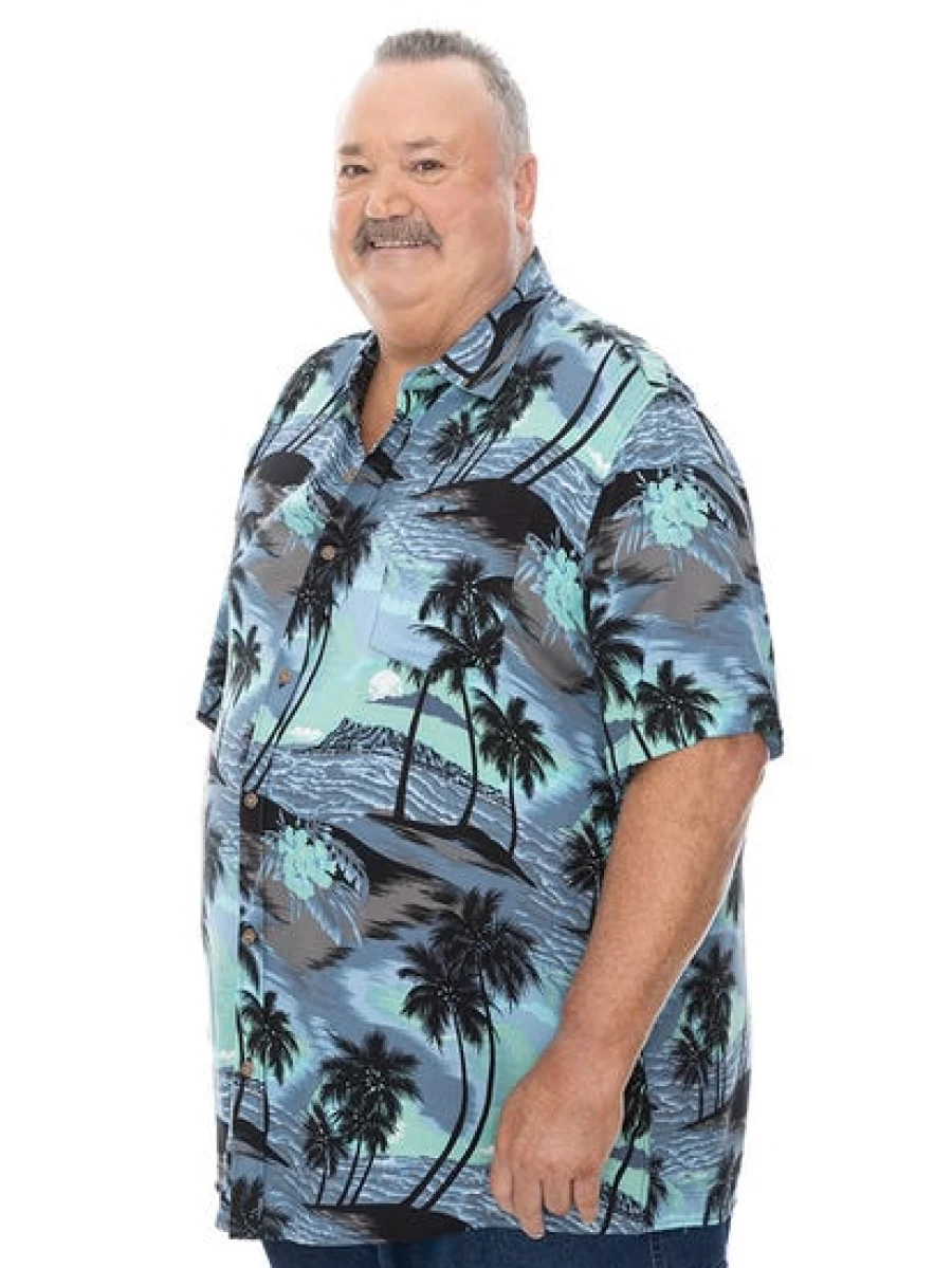 BUILT N FIT Men's Big & Tall Hawaiian Shirt - Short Sleeve Blue Island Print Beach Shirt
