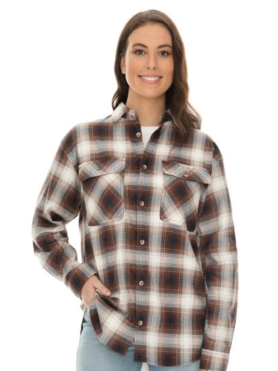 Lowes Men's Brown & Navy Check Flannel Shirt - Soft Casual Long Sleeve Plaid Top