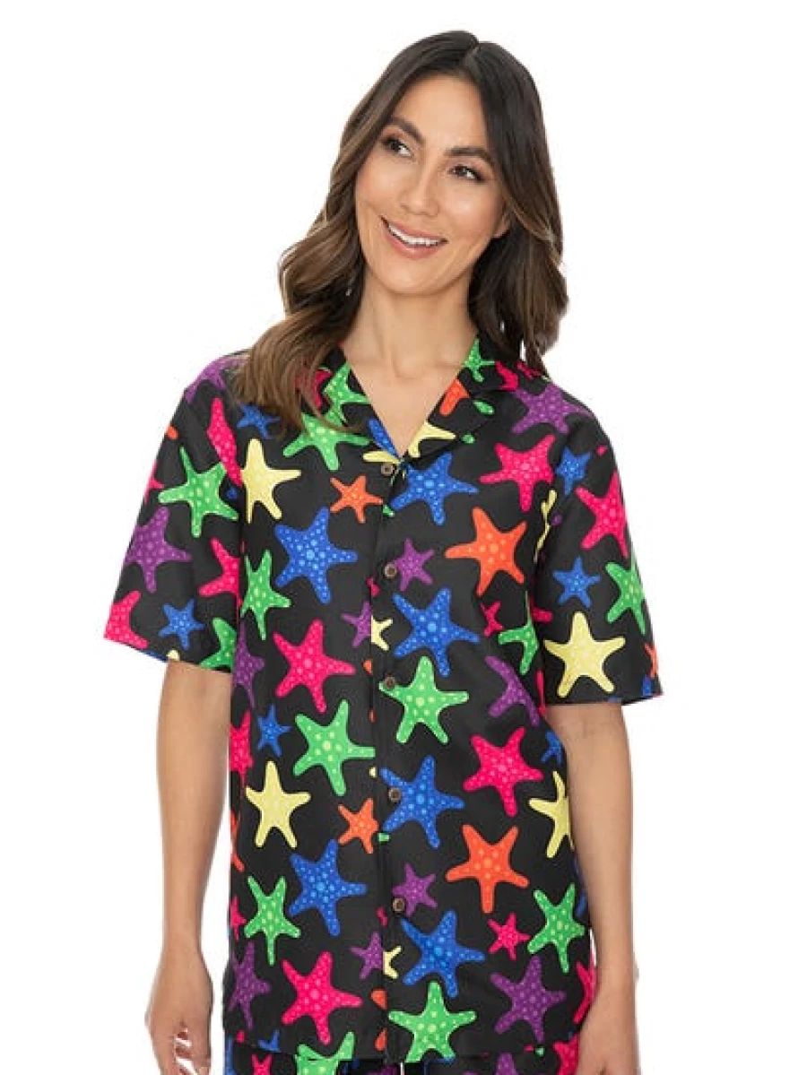 Pacifica Men's Starfish Print Party Shirt - Black Unisex Matching Top