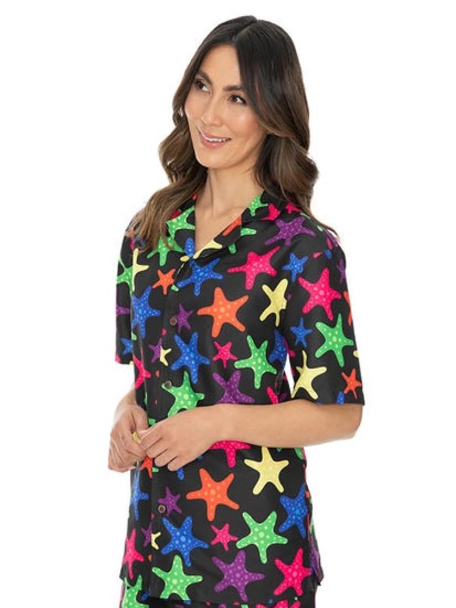 Pacifica Men's Starfish Print Party Shirt - Black Unisex Matching Top