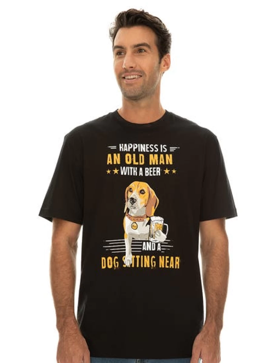 Lowes Men's Vintage Graphic T-Shirt - Happiness Old Man and Dog Design - Black Cotton Tee