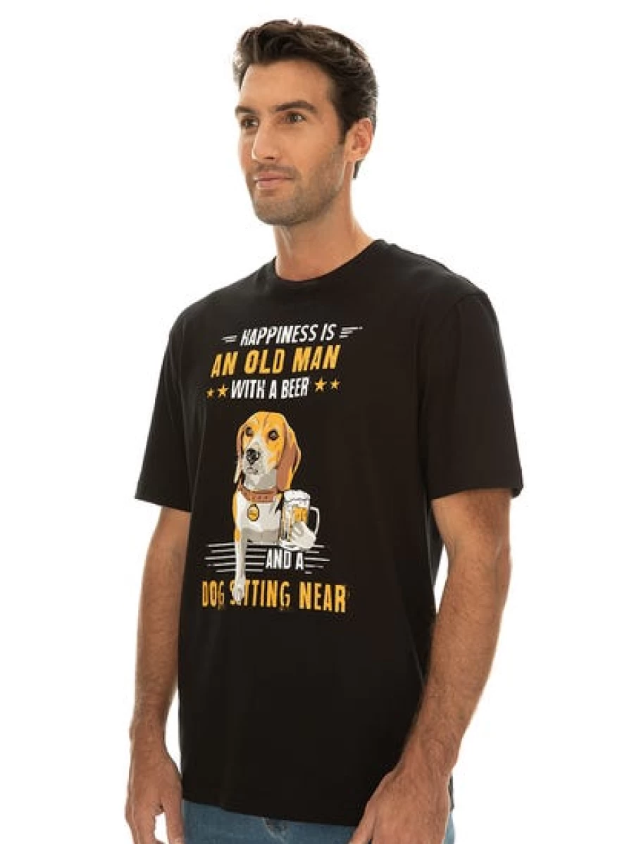 Lowes Men's Vintage Graphic T-Shirt - Happiness Old Man and Dog Design - Black Cotton Tee