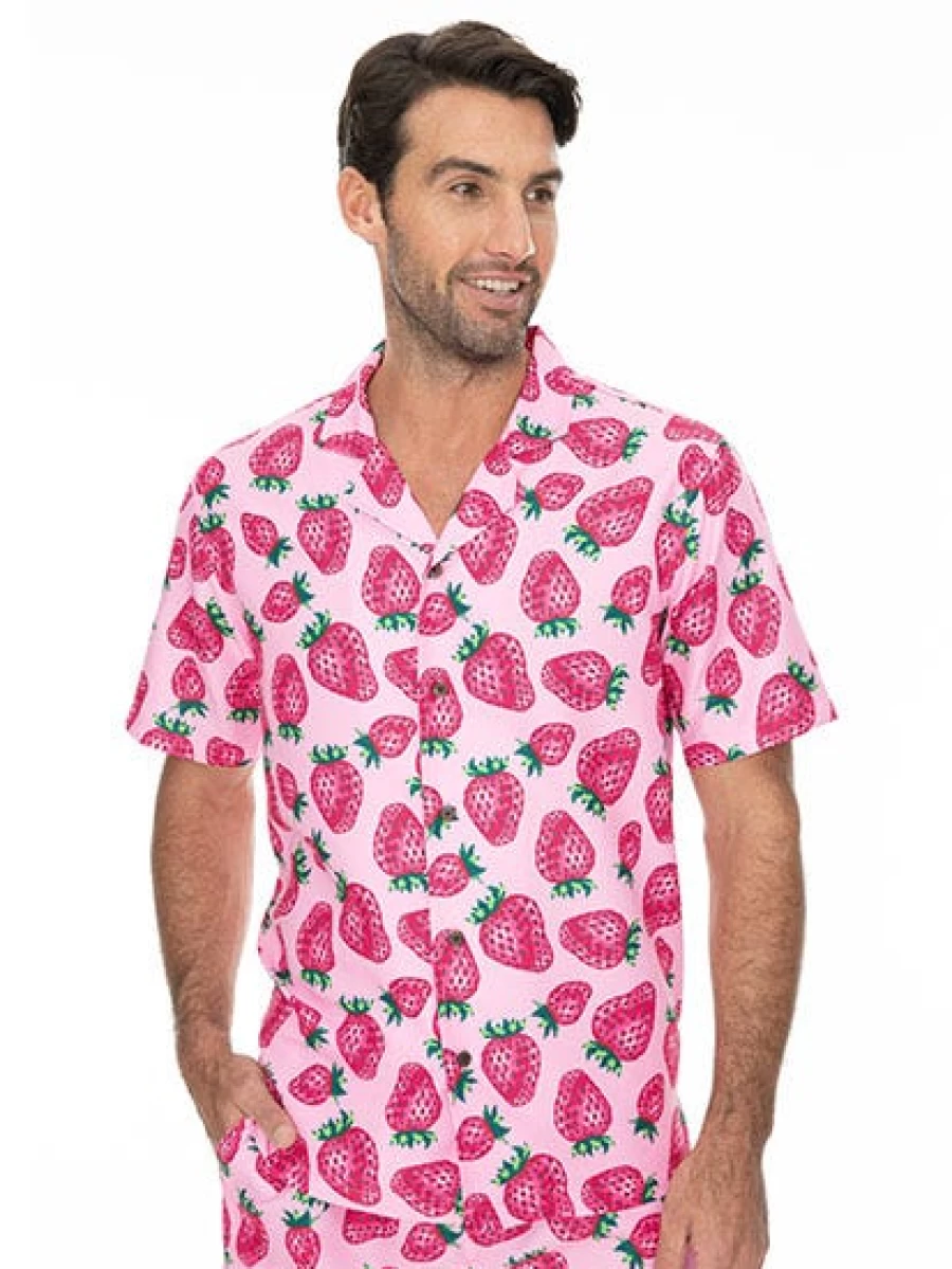 Pacifica Men's Pink Strawberry Print Party Shirt - Fun Matchy Top for Casual & Festive Occasions