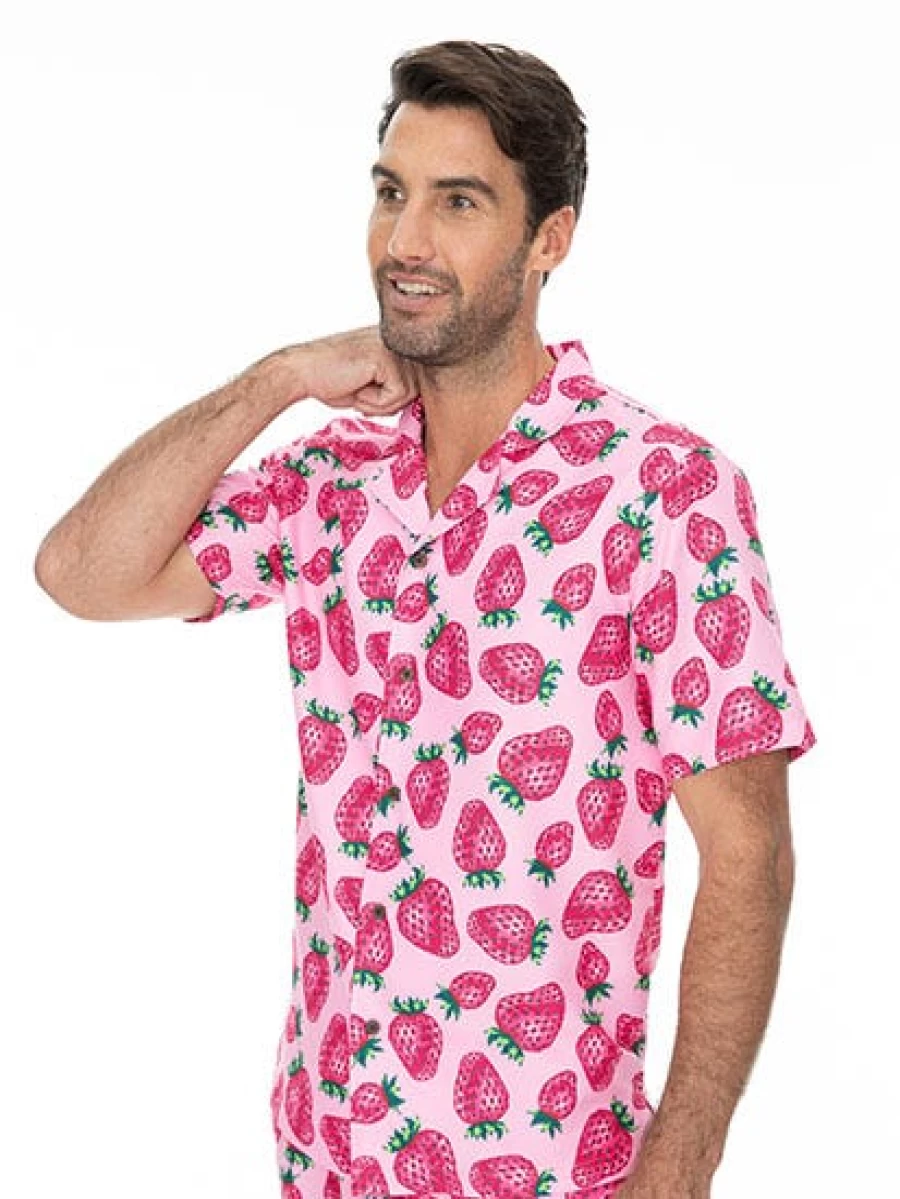 Pacifica Men's Pink Strawberry Print Party Shirt - Fun Matchy Top for Casual & Festive Occasions